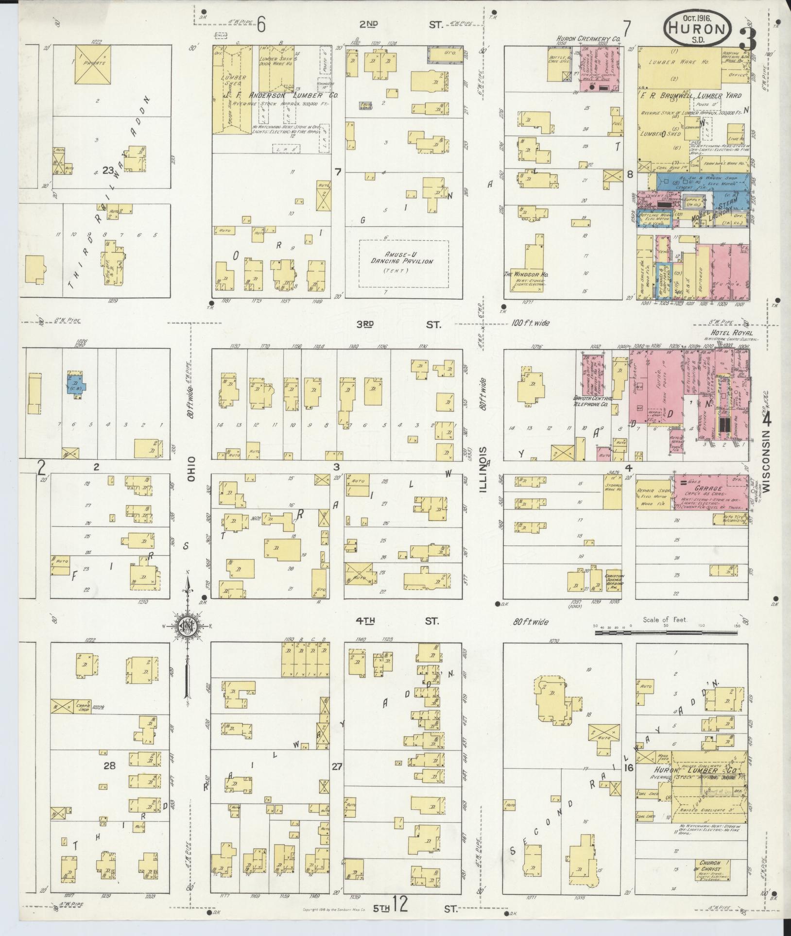 Sanborn Fire Insurance Map from Huron, Beadle County, South Dakota (1916), Sheet #0003 - Complete Map Set gallery image, historic Sanborn map, vintage wall art, South Dakota South Dakota