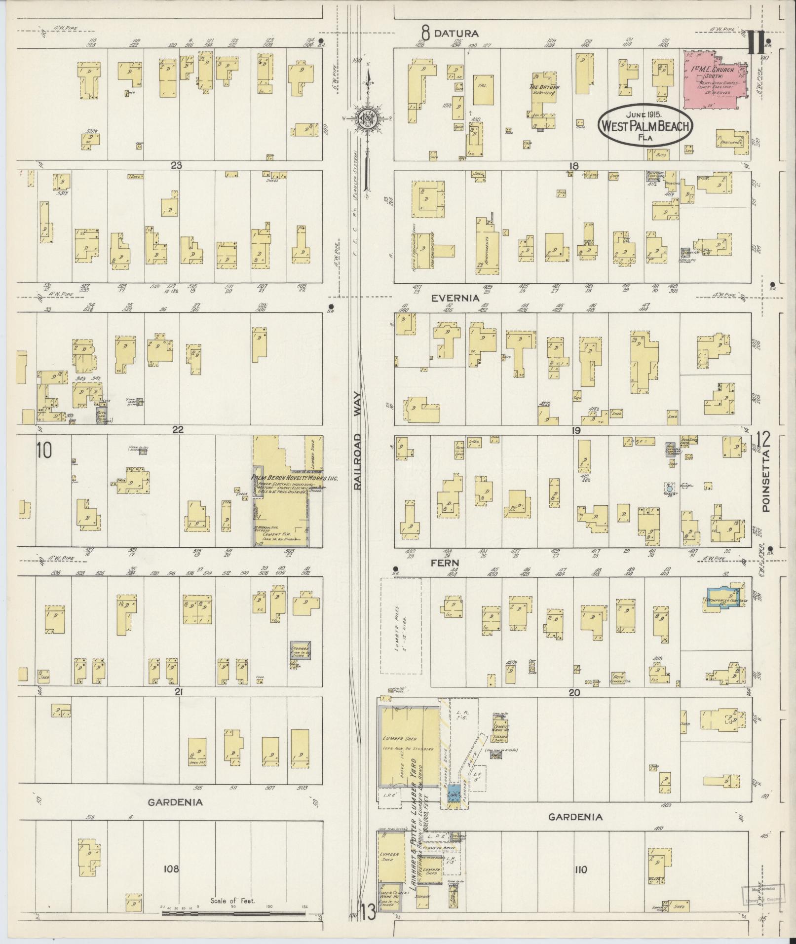Sanborn Fire Insurance Map from West Palm Beach, Dade County, Florida (1915), Sheet #0011 - Complete Map Set gallery image, historic Sanborn map, vintage wall art, Florida Florida