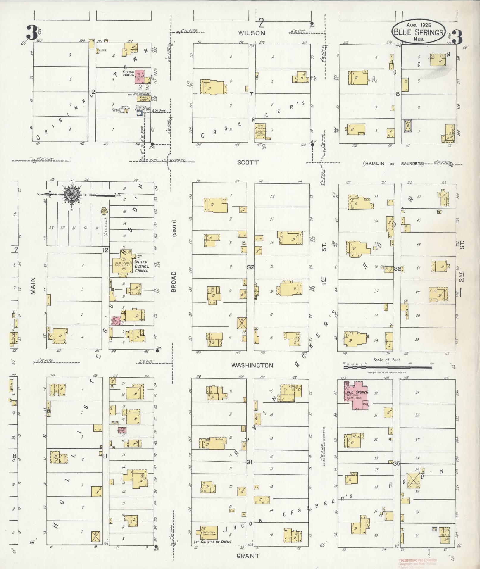 Sanborn Fire Insurance Map from Blue Springs, Gage County, Nebraska (1925), Sheet #0003 - Historic Sanborn Fire Insurance Map Print, vintage old map wall art, antique decor, genealogy gift, Nebraska Nebraska map
