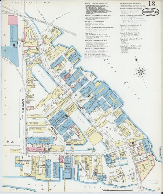 Sanborn Fire Insurance Map from Rockford, Winnebago County, Illinois (1891), Sheet #0013 - Historic Sanborn Fire Insurance Map Print, vintage old map wall art, antique decor, genealogy gift, Illinois Illinois map