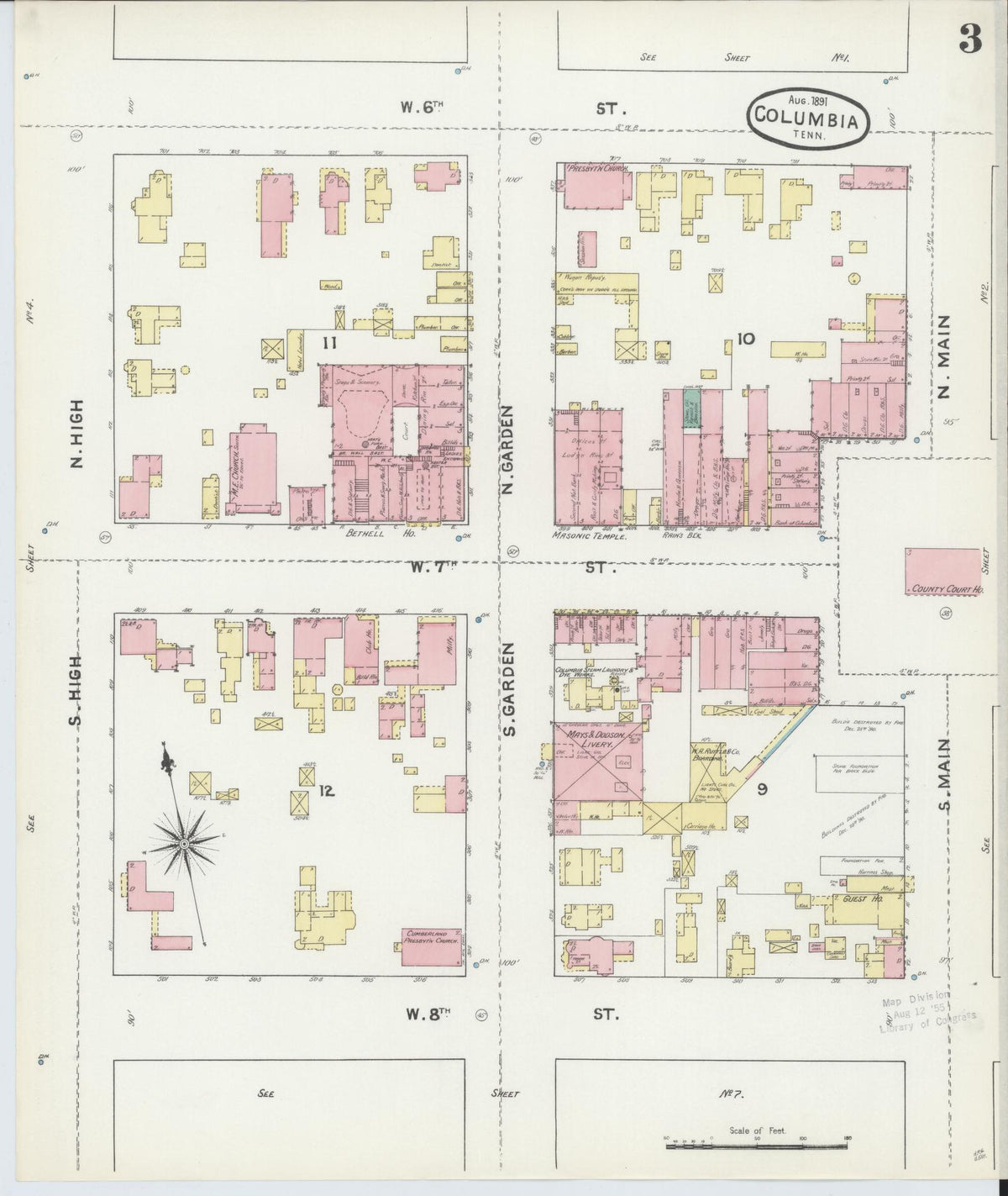 Sanborn Fire Insurance Map from Columbia, Maury County, Tennessee (1891), Sheet #0003 - Complete Map Set gallery image, historic Sanborn map, vintage wall art, Tennessee Tennessee