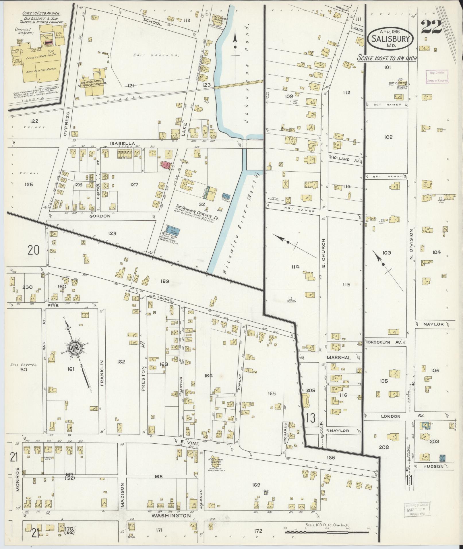 Sanborn Fire Insurance Map from Salisbury, Wicomico County, Maryland (1916), Sheet #0022 - Historic Sanborn Fire Insurance Map Print, vintage old map wall art, antique decor, genealogy gift, Maryland Maryland map