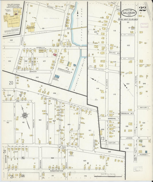 Sanborn Fire Insurance Map from Salisbury, Wicomico County, Maryland (1916), Sheet #0022 - Historic Sanborn Fire Insurance Map Print, vintage old map wall art, antique decor, genealogy gift, Maryland Maryland map
