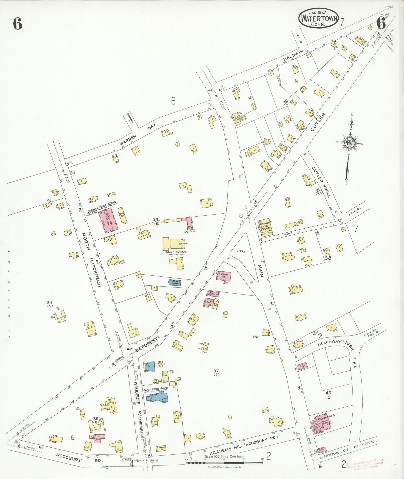 Sanborn Fire Insurance Map from Watertown, Litchfield County, Connecticut (1927), Sheet #0006 - Complete Map Set gallery image, historic Sanborn map, vintage wall art, Connecticut Connecticut