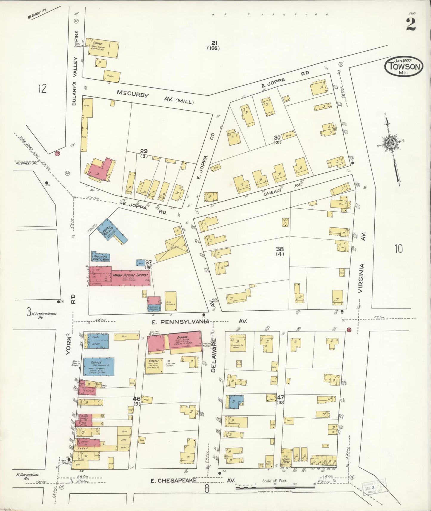 Sanborn Fire Insurance Map from Towson, Baltimore County, Maryland (1922), Sheet #0002 - Historic Sanborn Fire Insurance Map Print, vintage old map wall art