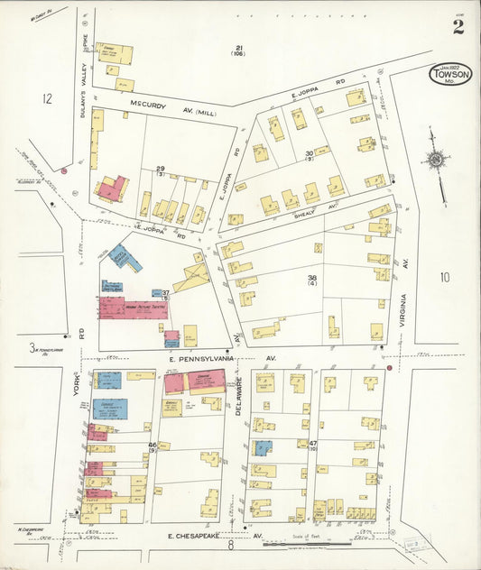 Sanborn Fire Insurance Map from Towson, Baltimore County, Maryland (1922), Sheet #0002 - Historic Sanborn Fire Insurance Map Print, vintage old map wall art