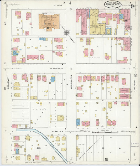 Sanborn Fire Insurance Map from Jefferson City, Cole County, Missouri (1916), Sheet #0009 - Historic Sanborn Fire Insurance Map Print, vintage old map wall art, antique decor, genealogy gift, Missouri Missouri map