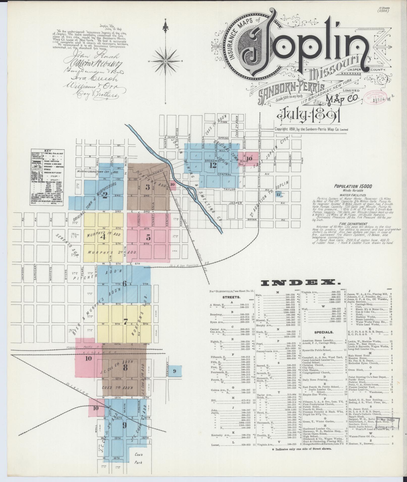 Sanborn Fire Insurance Map from Joplin, Jasper County, Missouri (1891), Sheet #0001 - Complete Map Set gallery image, historic Sanborn map, vintage wall art, Missouri Missouri