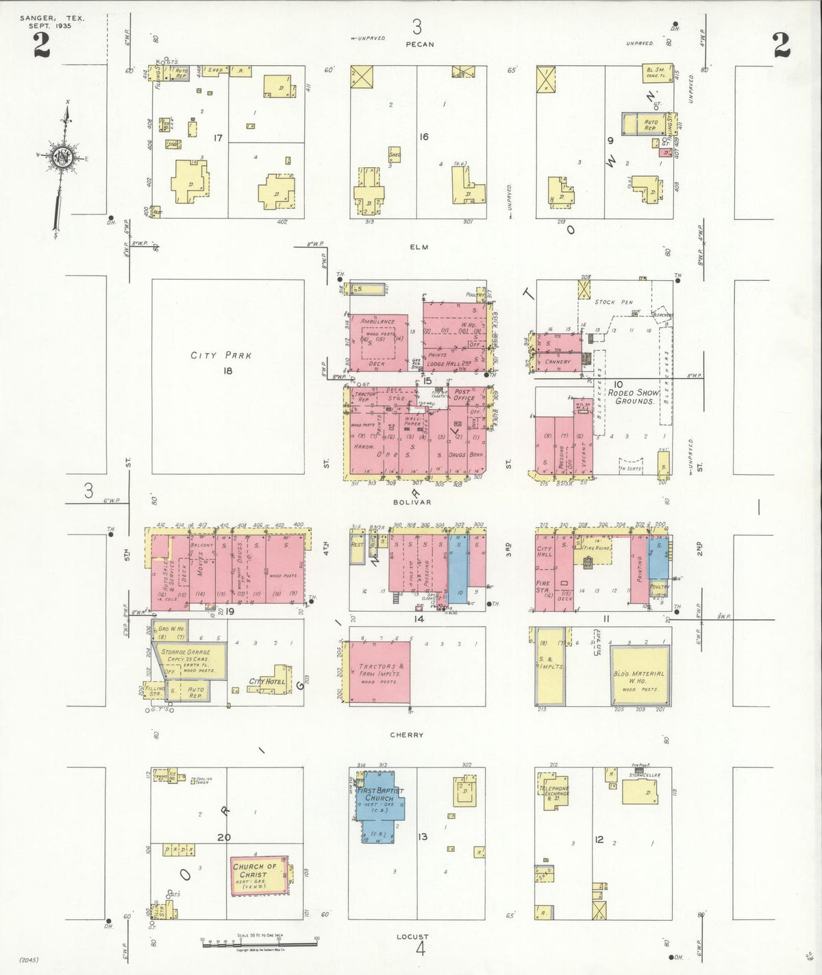 Sanborn Fire Insurance Map from Sanger, Denton County, Texas (1935), Sheet #0002 - Historic Sanborn Fire Insurance Map Print, vintage old map wall art, antique decor, genealogy gift, Texas Texas map