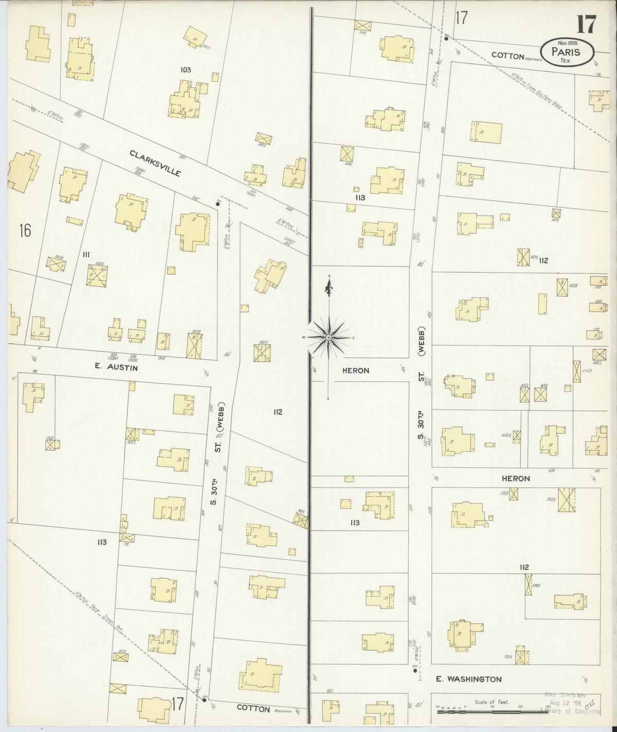 Sanborn Fire Insurance Map from Paris, Lamar County, Texas (1908), Sheet #0017 - Complete Map Set gallery image, historic Sanborn map, vintage wall art, Texas Texas
