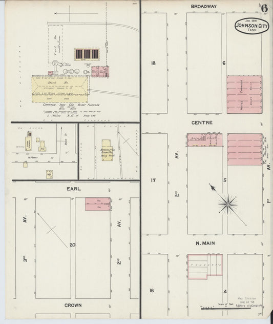 Sanborn Fire Insurance Map from Johnson City, Washington County, Tennessee (1891), Sheet #0006 - Historic Sanborn Fire Insurance Map Print, vintage old map wall art, antique decor, genealogy gift, Tennessee Tennessee map