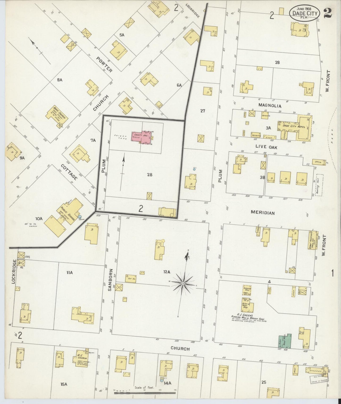 Sanborn Fire Insurance Map from Dade City, Pasco County, Florida (1908), Sheet #0002 - Complete Map Set gallery image, historic Sanborn map, vintage wall art, Florida Florida