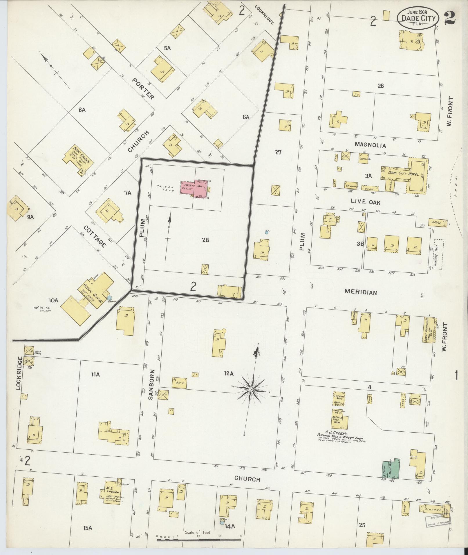 Sanborn Fire Insurance Map from Dade City, Pasco County, Florida (1908), Sheet #0002 - Complete Map Set gallery image, historic Sanborn map, vintage wall art, Florida Florida