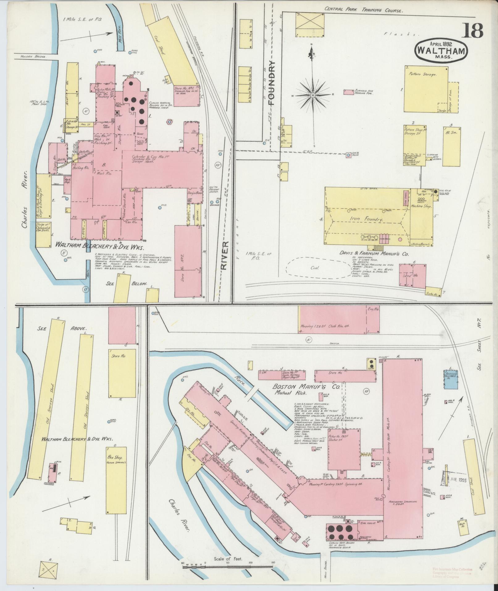 Sanborn Fire Insurance Map from Waltham, Middlesex County, Massachusetts (1892), Sheet #0018 - Historic Sanborn Fire Insurance Map Print, vintage old map wall art, antique decor, genealogy gift, Massachusetts Massachusetts map