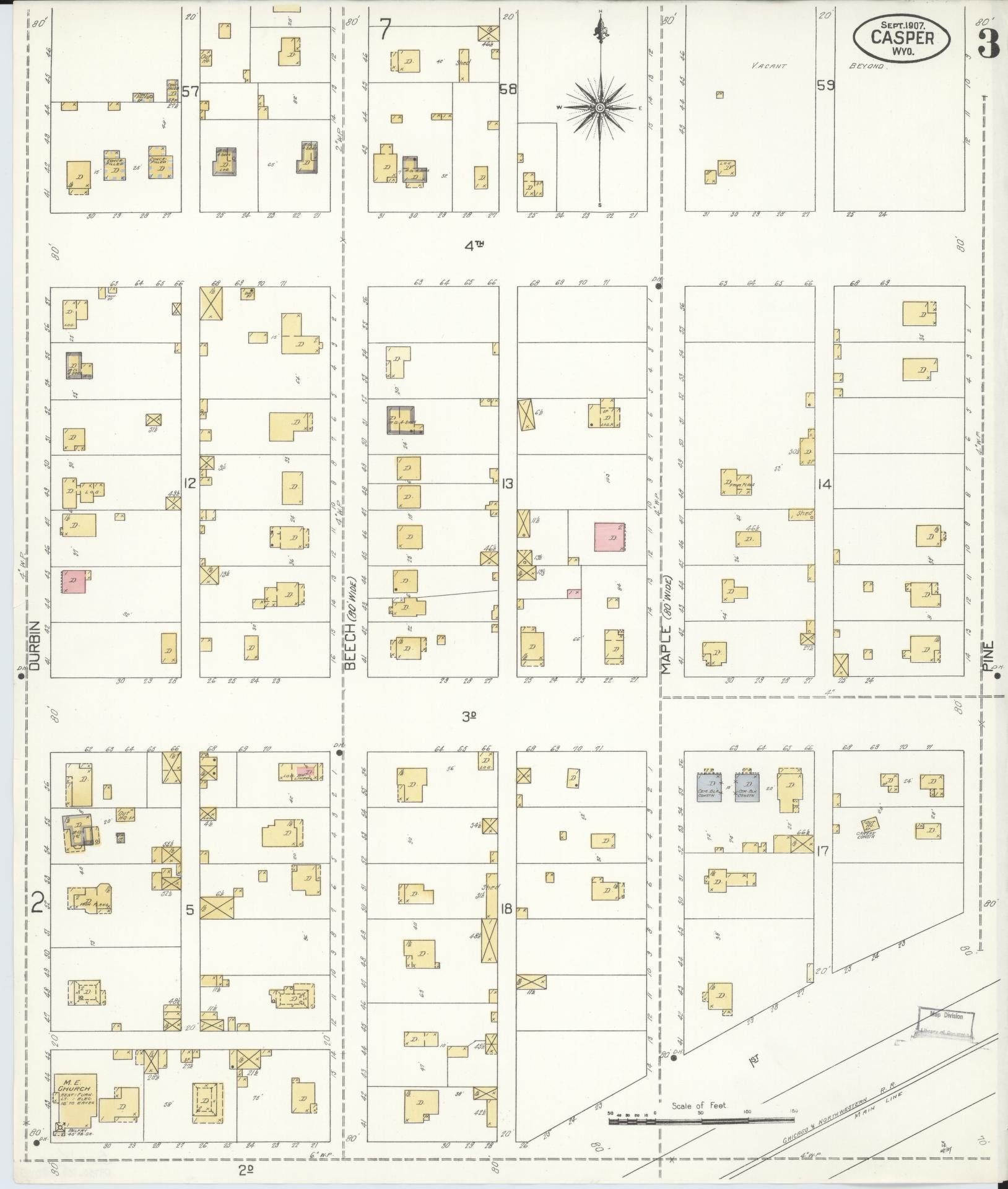 Sanborn Fire Insurance Map from Casper, Natrona County, Wyoming (1907), Sheet #0003 - Complete Map Set gallery image, historic Sanborn map, vintage wall art, Wyoming Wyoming