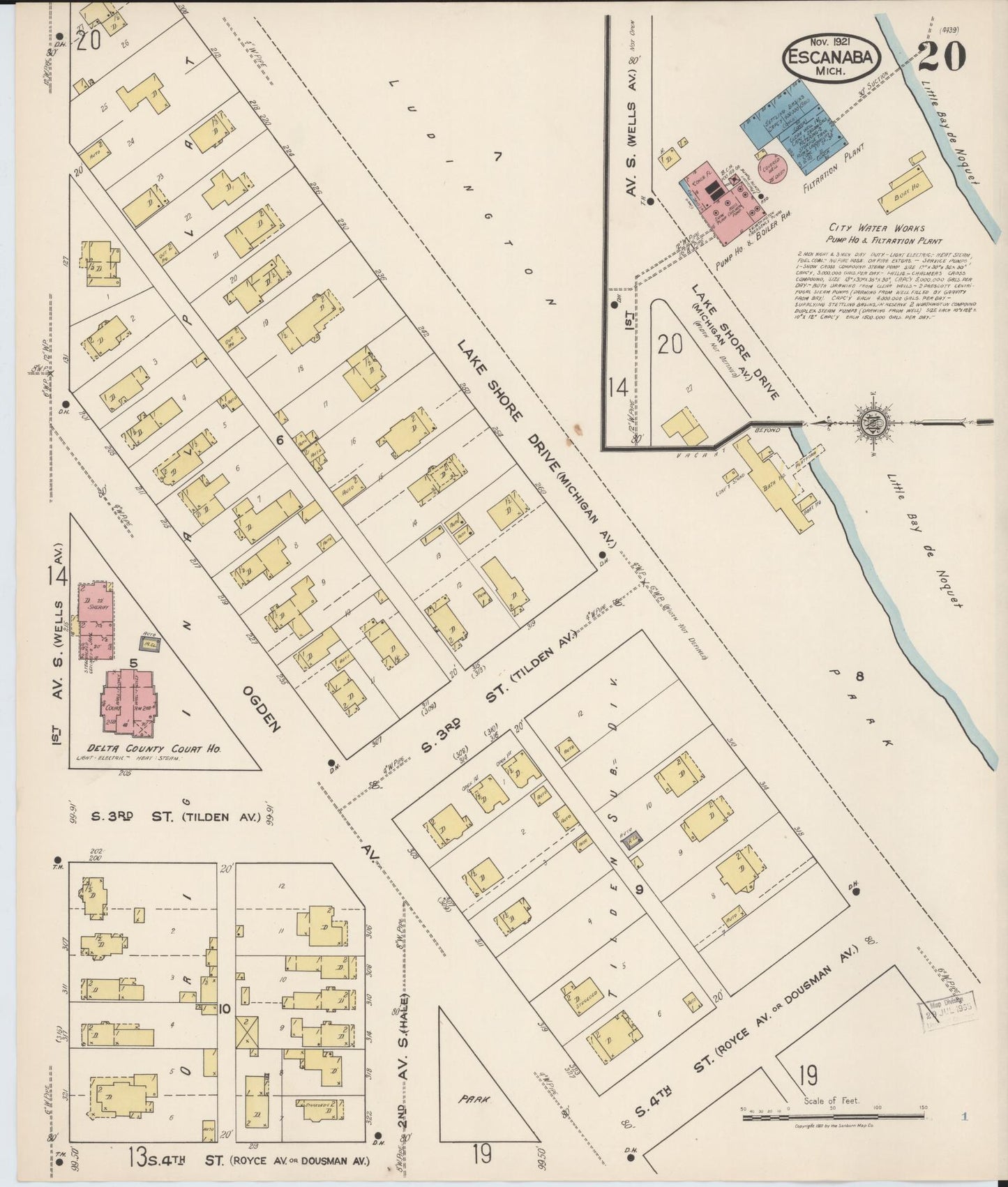 Sanborn Fire Insurance Map from Escanaba, Delta County, Michigan (1921), Sheet #0020 - Historic Sanborn Fire Insurance Map Print, vintage old map wall art, antique decor, genealogy gift, Michigan Michigan map