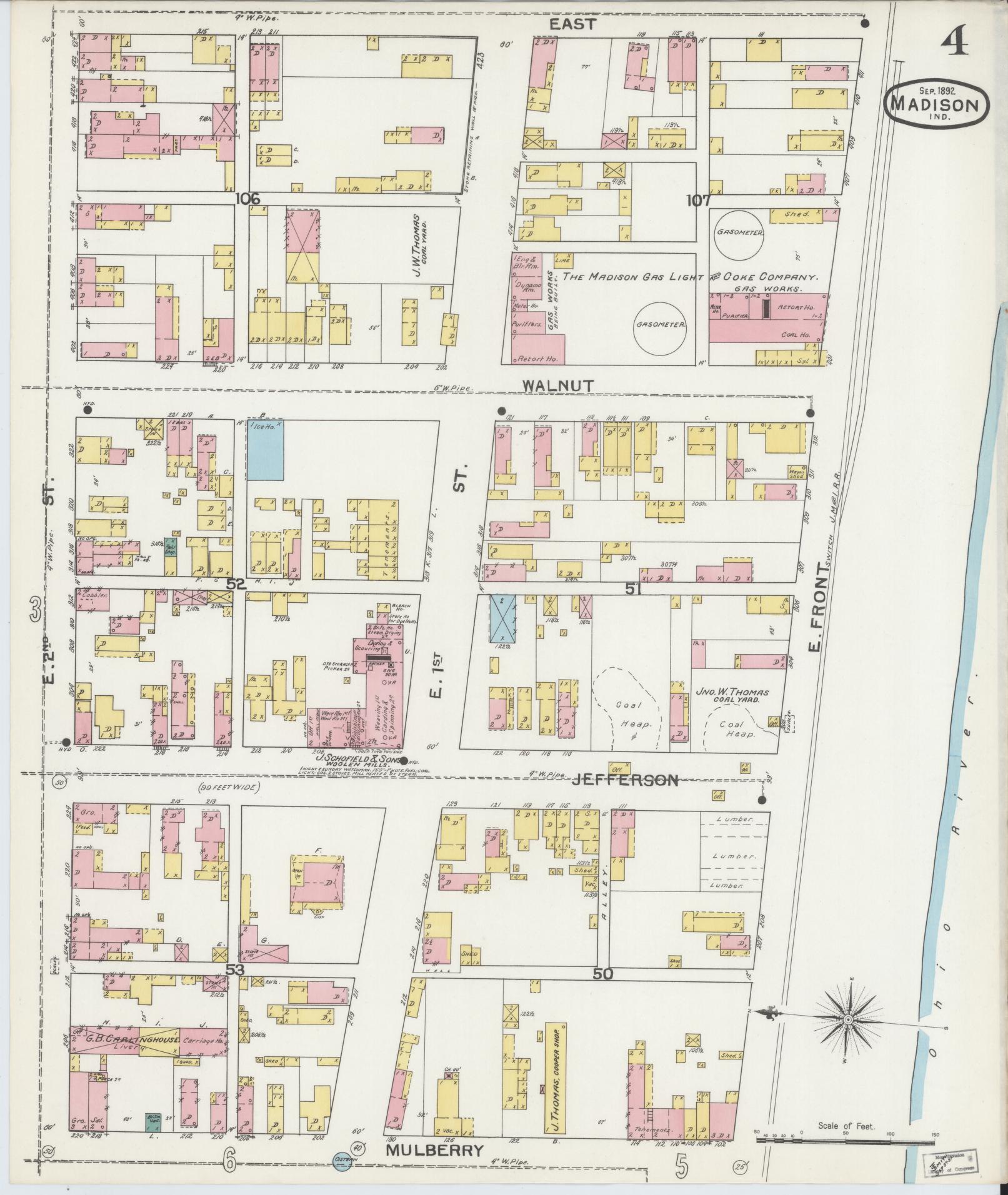 Sanborn Fire Insurance Map from Madison, Jefferson County, Indiana (1892), Sheet #0004 - Historic Sanborn Fire Insurance Map Print, vintage old map wall art, antique decor, genealogy gift, Indiana Indiana map