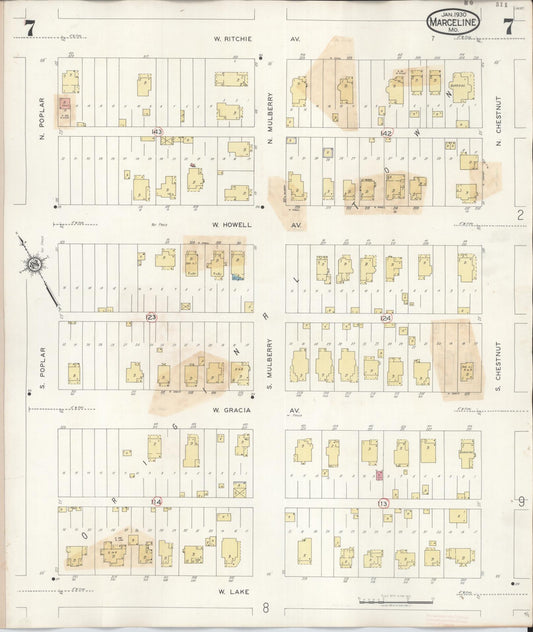 Sanborn Fire Insurance Map from Marceline, Linn County, Missouri (1939), Sheet #0007 - Historic Sanborn Fire Insurance Map Print, vintage old map wall art, antique decor, genealogy gift, Missouri Missouri map