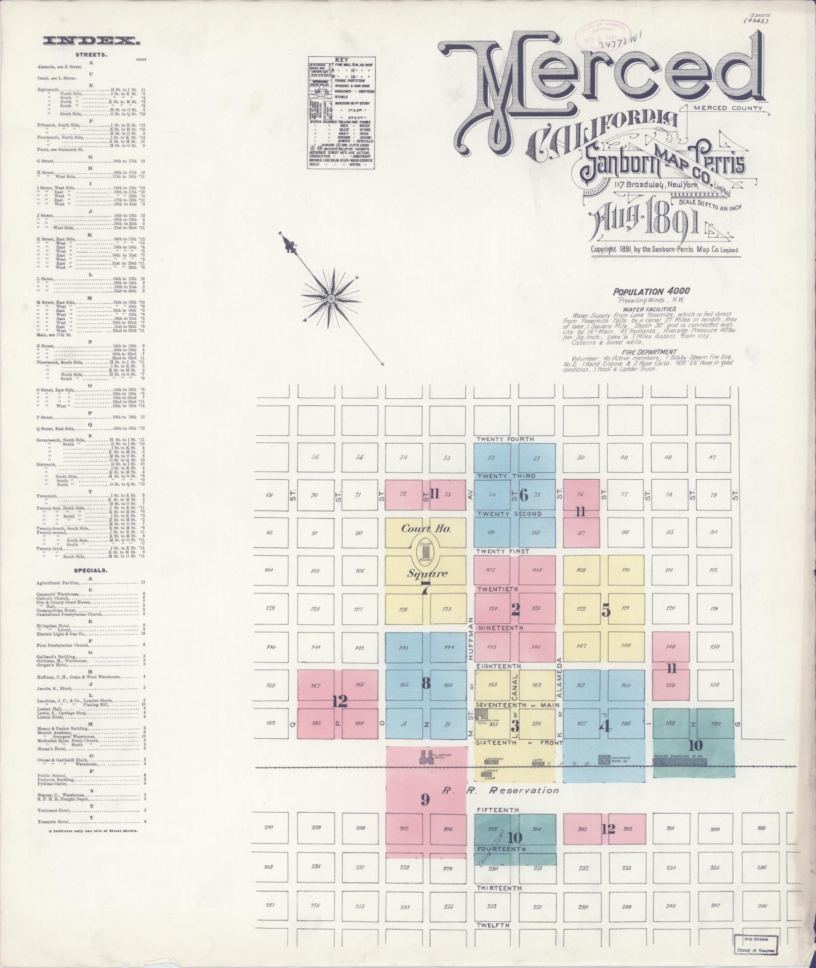 Sanborn Fire Insurance Map from Merced, Merced County, California (1891), Sheet #0001 - Historic Sanborn Fire Insurance Map Print, vintage old map wall art, antique decor, genealogy gift, California California map