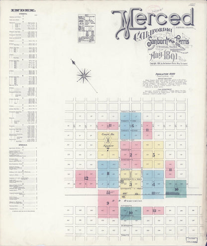 Sanborn Fire Insurance Map from Merced, Merced County, California (1891), Sheet #0001 - Historic Sanborn Fire Insurance Map Print, vintage old map wall art, antique decor, genealogy gift, California California map