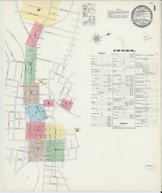 Sanborn Fire Insurance Map from Charlottesville, Independent Cities, Virginia (1896), Sheet #0001 - Complete Map Set gallery image, historic Sanborn map, vintage wall art, Virginia Virginia
