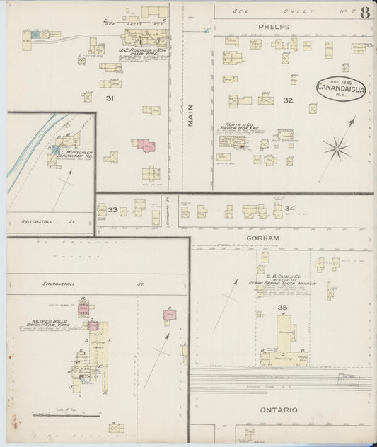 Sanborn Fire Insurance Map from Canandaigua, Ontario County, New York (1886), Sheet #0008 - Historic Sanborn Fire Insurance Map Print, vintage old map wall art, antique decor, genealogy gift, New York New York map