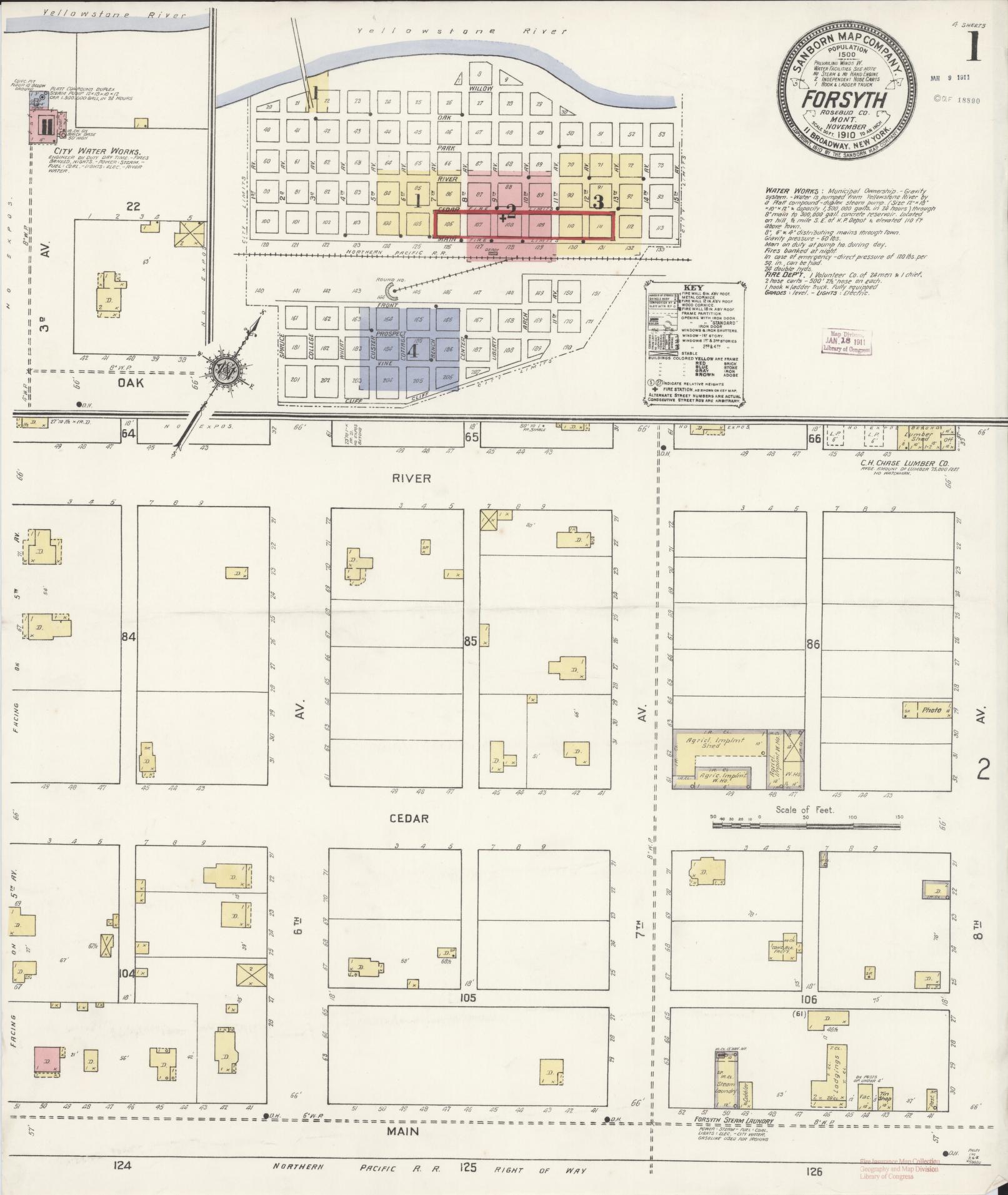 Sanborn Fire Insurance Map from Forsyth, Rosebud County, Montana (1910), Sheet #0001 - Complete Map Set gallery image, historic Sanborn map, vintage wall art, Montana Montana