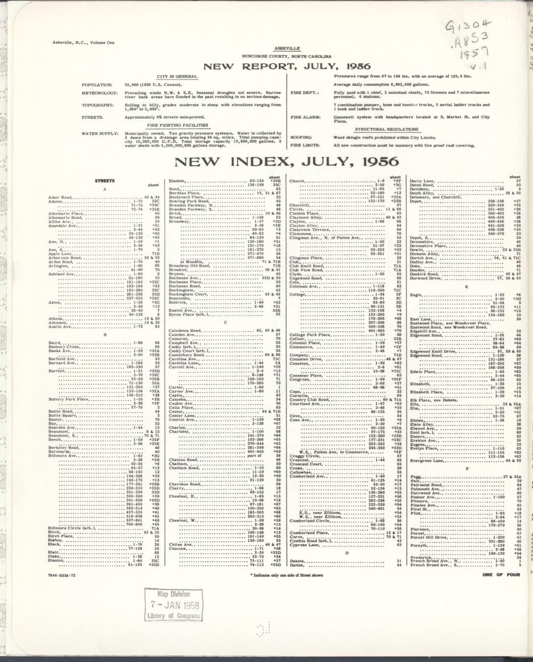 Sanborn Fire Insurance Map from Asheville, Buncombe County, North Carolina (1957), Sheet #0001 - Complete Map Set gallery image, historic Sanborn map, vintage wall art, North Carolina North Carolina