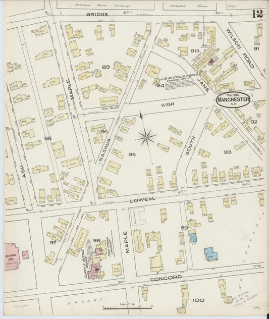 Sanborn Fire Insurance Map from Manchester, Hillsborough County, New Hampshire (1885), Sheet #0012 - Historic Sanborn Fire Insurance Map Print, vintage old map wall art, antique decor, genealogy gift, New Hampshire New Hampshire map