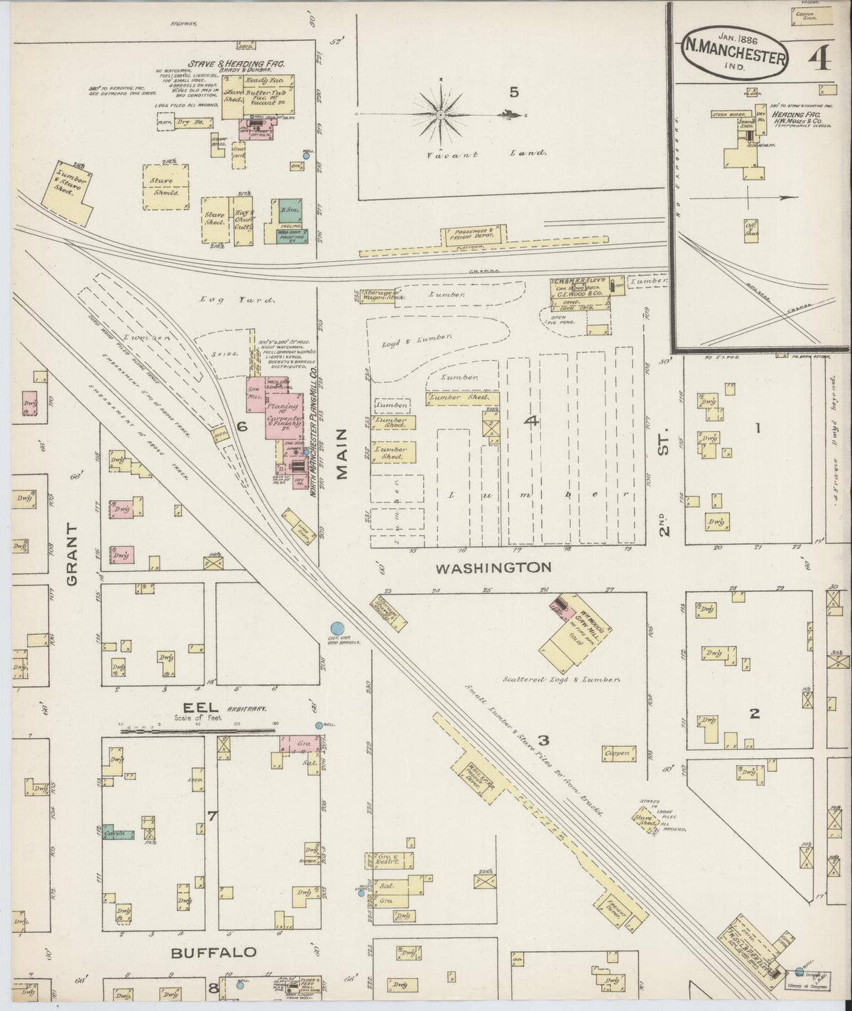Sanborn Fire Insurance Map from North Manchester, Wabash County, Indiana (1886), Sheet #0004 - Historic Sanborn Fire Insurance Map Print, vintage old map wall art, antique decor, genealogy gift, Indiana Indiana map