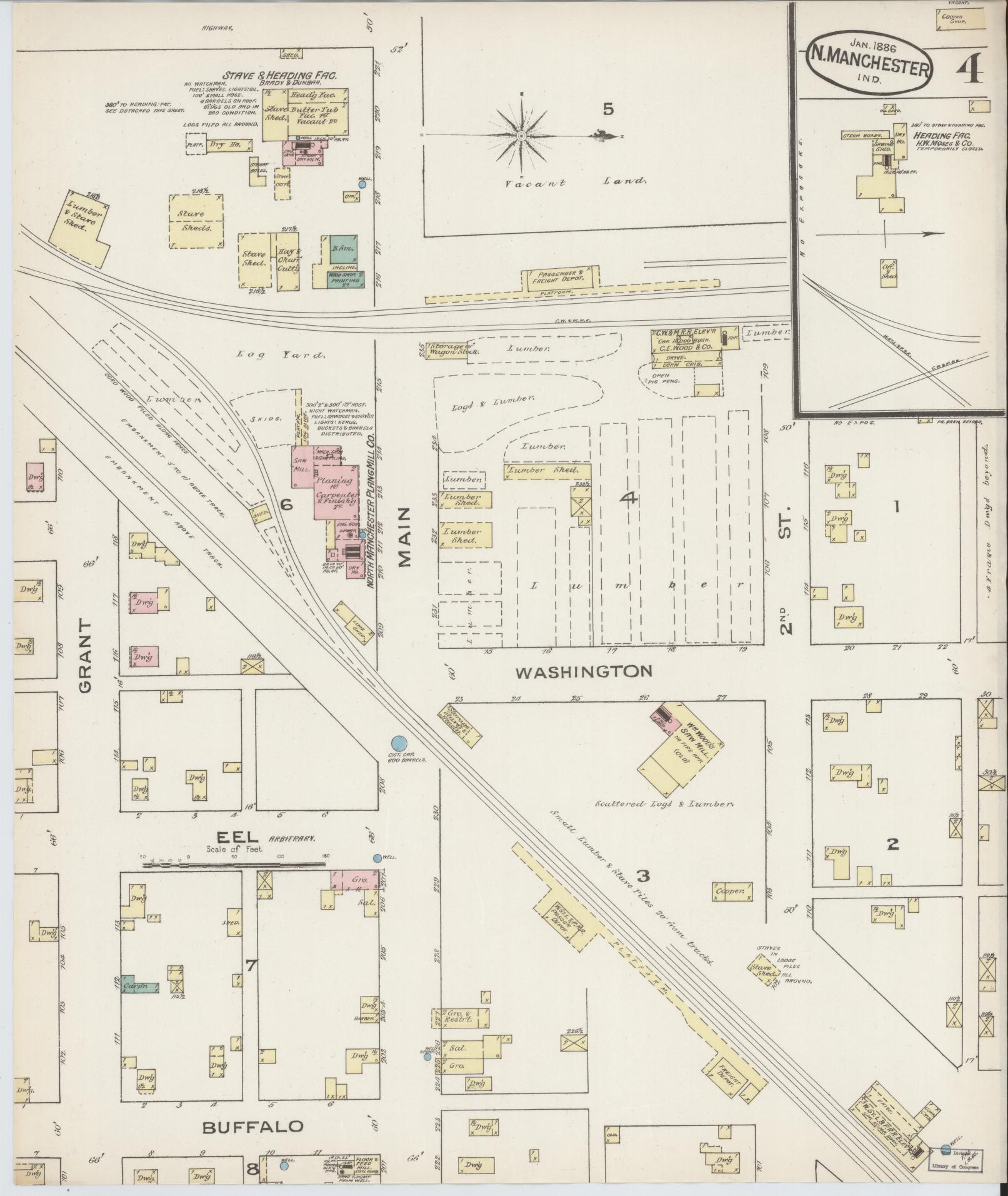 Sanborn Fire Insurance Map from North Manchester, Wabash County, Indiana (1886), Sheet #0004 - Historic Sanborn Fire Insurance Map Print, vintage old map wall art, antique decor, genealogy gift, Indiana Indiana map