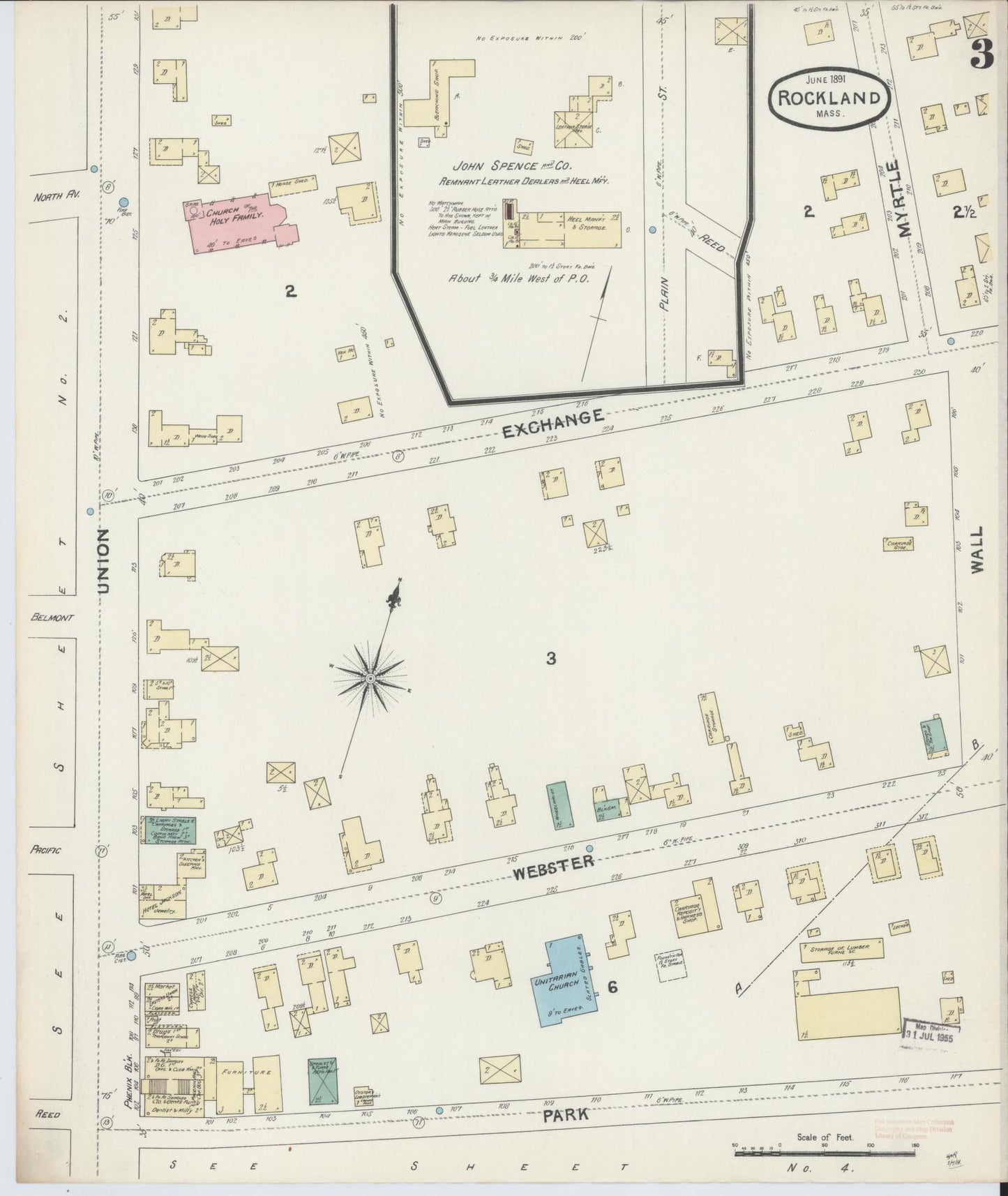 Sanborn Fire Insurance Map from Rockland, Plymouth County, Massachusetts (1891), Sheet #0003 - Historic Sanborn Fire Insurance Map Print, vintage old map wall art, antique decor, genealogy gift, Massachusetts Massachusetts map