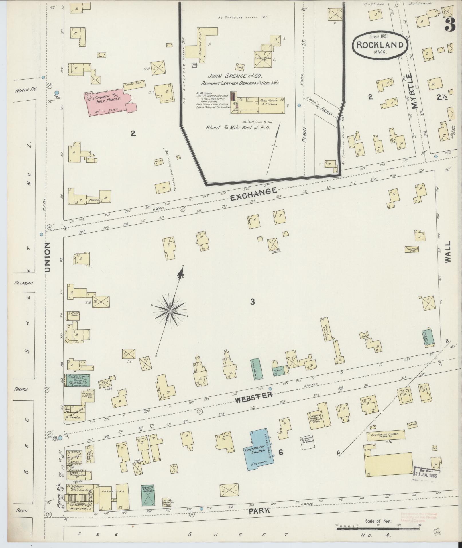 Sanborn Fire Insurance Map from Rockland, Plymouth County, Massachusetts (1891), Sheet #0003 - Historic Sanborn Fire Insurance Map Print, vintage old map wall art, antique decor, genealogy gift, Massachusetts Massachusetts map