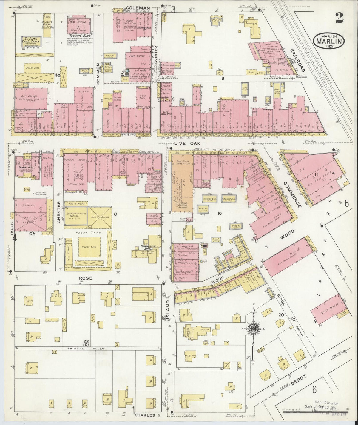 Sanborn Fire Insurance Map from Marlin, Falls County, Texas (1916), Sheet #0002 - Complete Map Set gallery image, historic Sanborn map, vintage wall art, Texas Texas