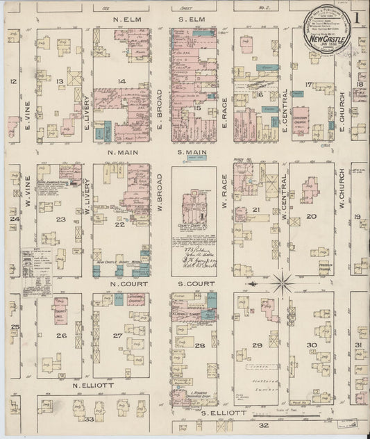 Sanborn Fire Insurance Map from New Castle, Henry County, Indiana (1886), Sheet #0001 - Historic Sanborn Fire Insurance Map Print, vintage old map wall art, antique decor, genealogy gift, Indiana Indiana map