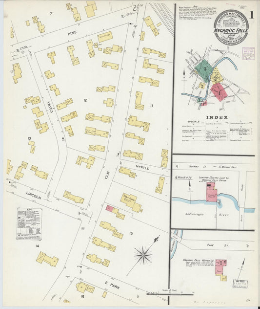 Sanborn Fire Insurance Map from Mechanic Falls, Androscoggin County, Maine (1907), Sheet #0001 - Complete Map Set gallery image, historic Sanborn map, vintage wall art, Maine Maine