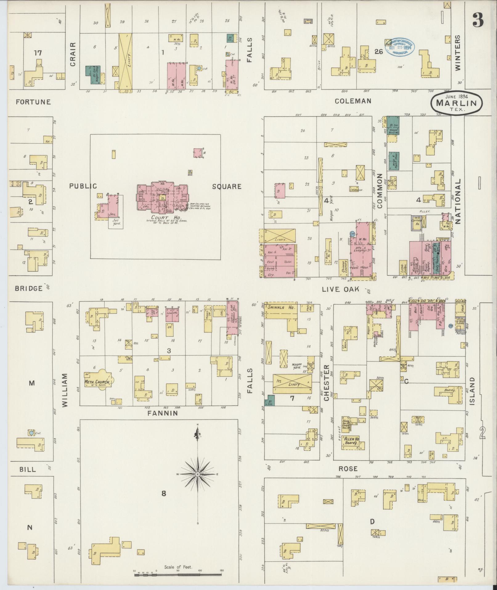 Sanborn Fire Insurance Map from Marlin, Falls County, Texas (1894), Sheet #0003 - Historic Sanborn Fire Insurance Map Print, vintage old map wall art, antique decor, genealogy gift, Texas Texas map