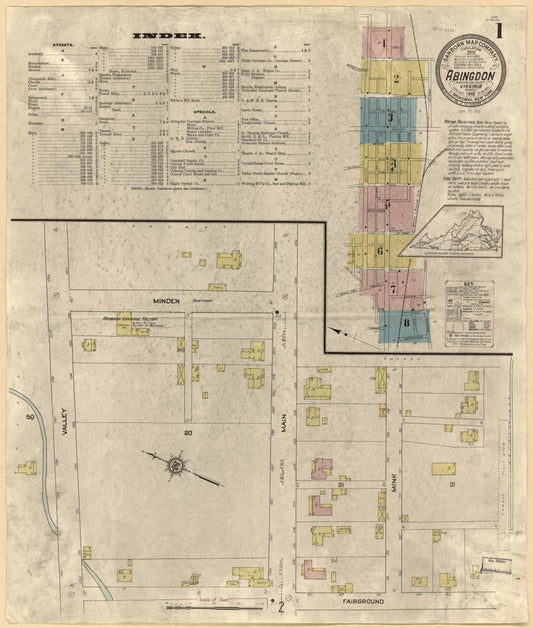 Sanborn Fire Insurance Map from Abingdon, Washington County, Virginia (1913), Sheet #0001 - Historic Sanborn Fire Insurance Map Print, vintage old map wall art, antique decor, genealogy gift, Virginia Virginia map