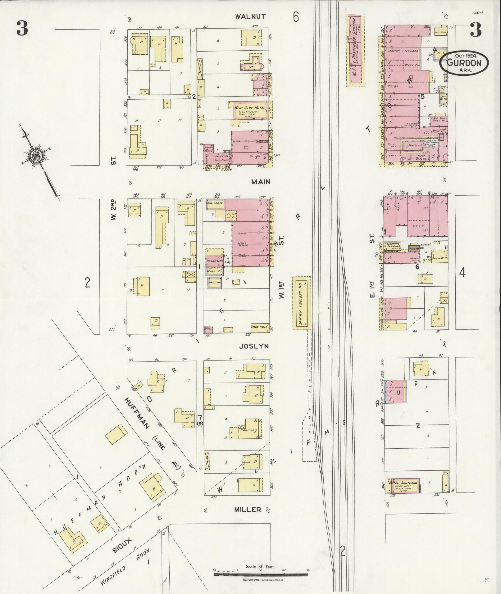 Sanborn Fire Insurance Map from Gurdon, Clark County, Arkansas (1924), Sheet #0003 - Complete Map Set gallery image, historic Sanborn map, vintage wall art, Arkansas Arkansas