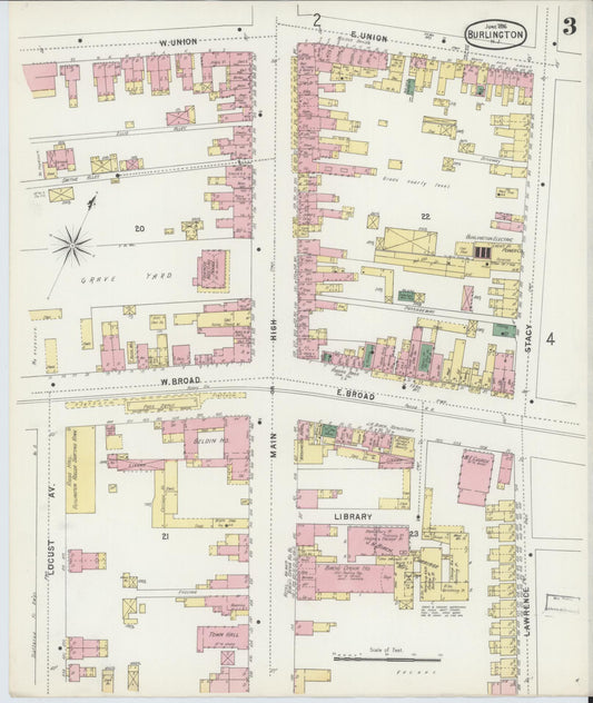 Sanborn Fire Insurance Map from Burlington, Burlington County, New Jersey (1896), Sheet #0003 - Historic Sanborn Fire Insurance Map Print, vintage old map wall art, antique decor, genealogy gift, New Jersey New Jersey map