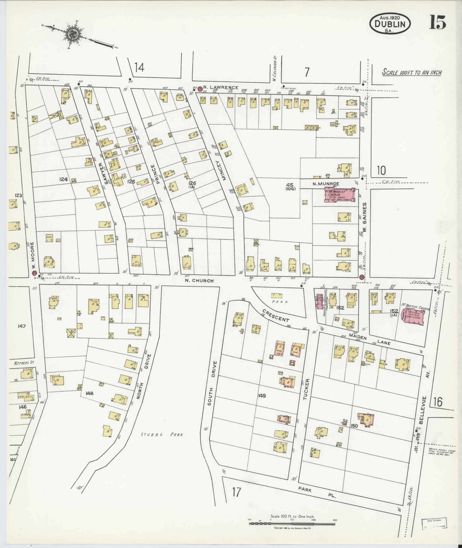 Sanborn Fire Insurance Map from Dublin, Laurens County, Georgia (1920), Sheet #0015 - Historic Sanborn Fire Insurance Map Print, vintage old map wall art, antique decor, genealogy gift, Georgia Georgia map