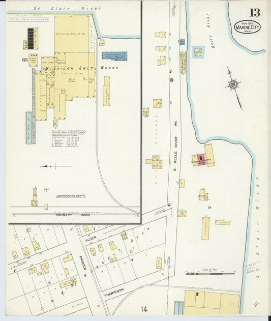 Sanborn Fire Insurance Map from Marine City, Saint Clair County, Michigan (1913), Sheet #0013 - Historic Sanborn Fire Insurance Map Print, vintage old map wall art, antique decor, genealogy gift, Michigan Michigan map