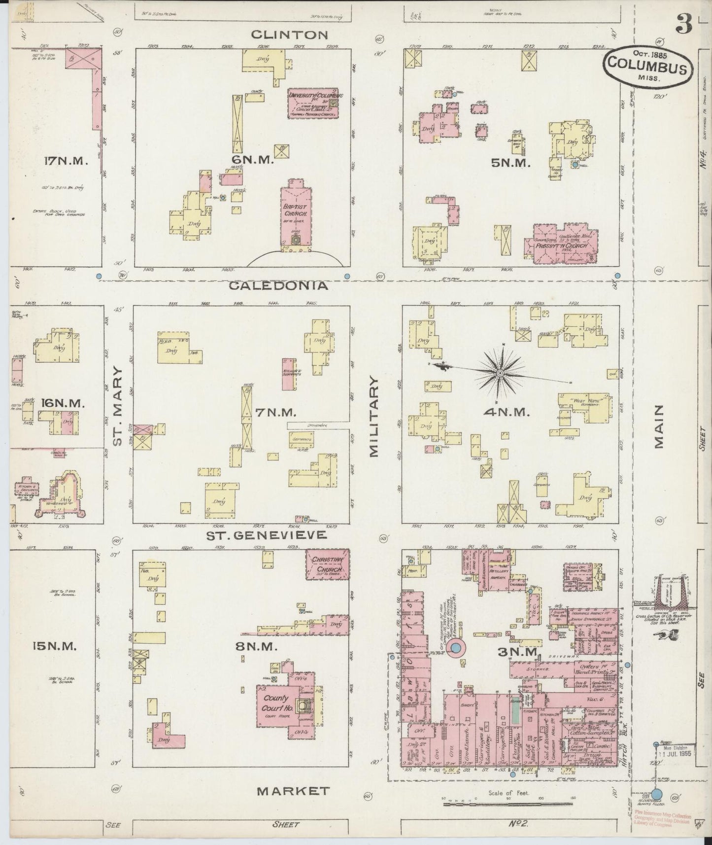Sanborn Fire Insurance Map from Columbus, Lowndes County, Mississippi (1885), Sheet #0003 - Historic Sanborn Fire Insurance Map Print, vintage old map wall art, antique decor, genealogy gift, Mississippi Mississippi map