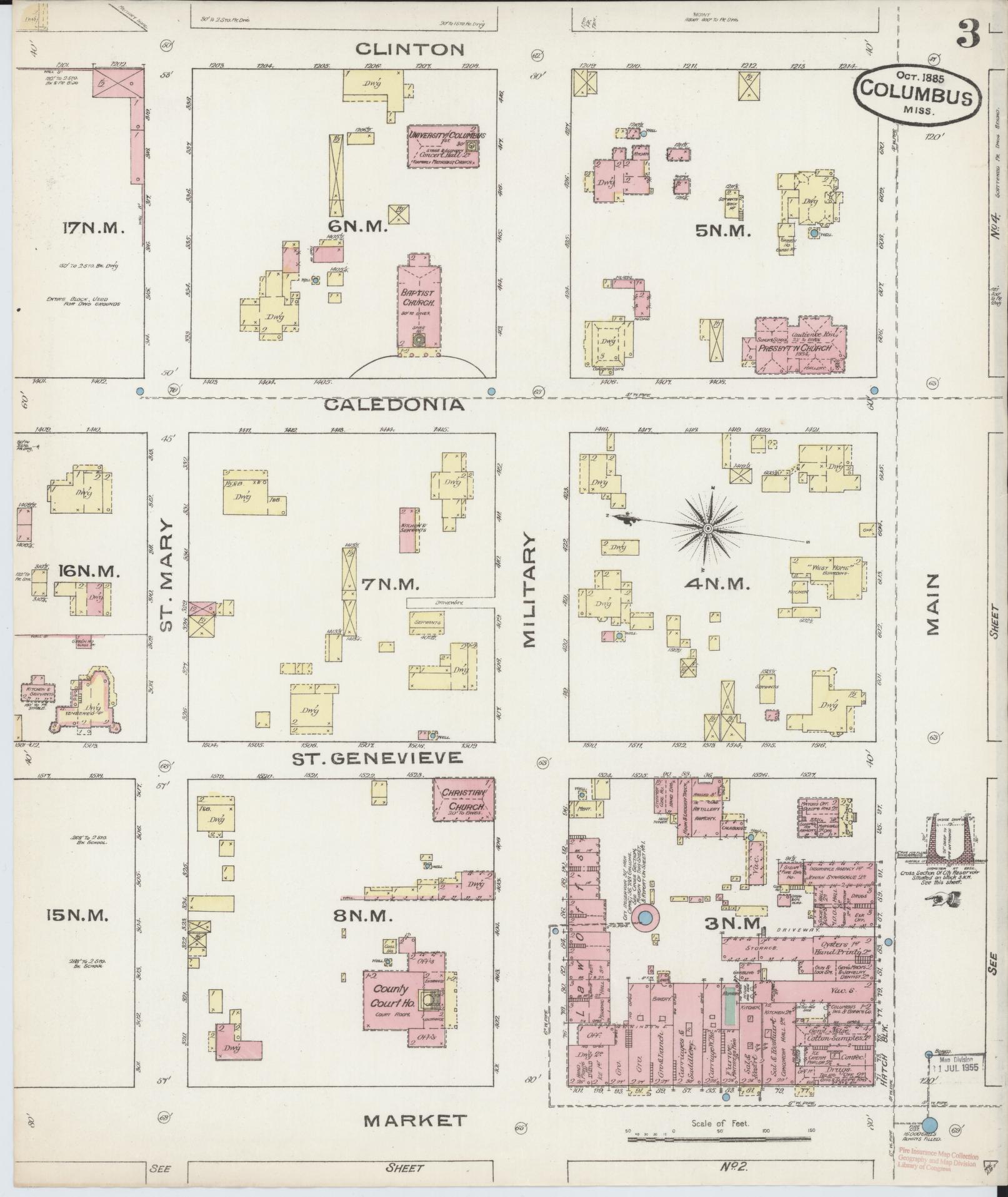 Sanborn Fire Insurance Map from Columbus, Lowndes County, Mississippi (1885), Sheet #0003 - Historic Sanborn Fire Insurance Map Print, vintage old map wall art, antique decor, genealogy gift, Mississippi Mississippi map
