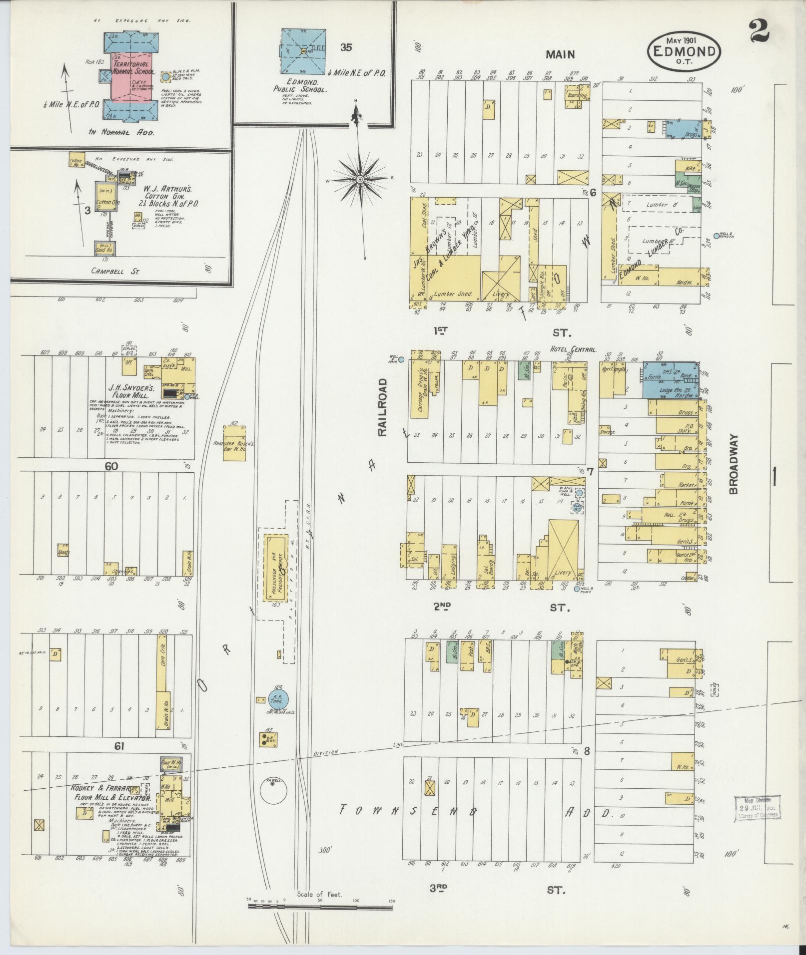 Sanborn Fire Insurance Map from Edmond, Oklahoma County, Oklahoma (1901), Sheet #0002 - Historic Sanborn Fire Insurance Map Print, vintage old map wall art, antique decor, genealogy gift, Edmond Oklahoma map