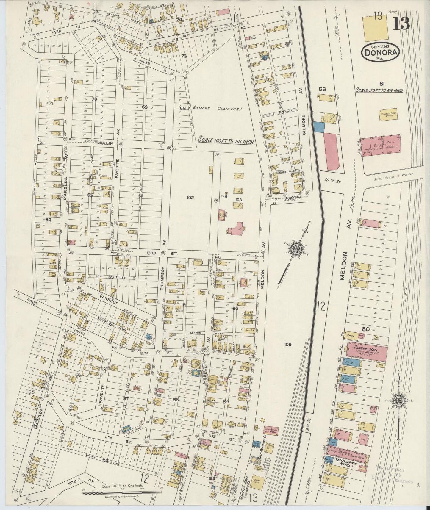 Sanborn Fire Insurance Map from Donora, Washington County, Pennsylvania (1921), Sheet #0013 - Historic Sanborn Fire Insurance Map Print, vintage old map wall art, antique decor, genealogy gift, Pennsylvania Pennsylvania map