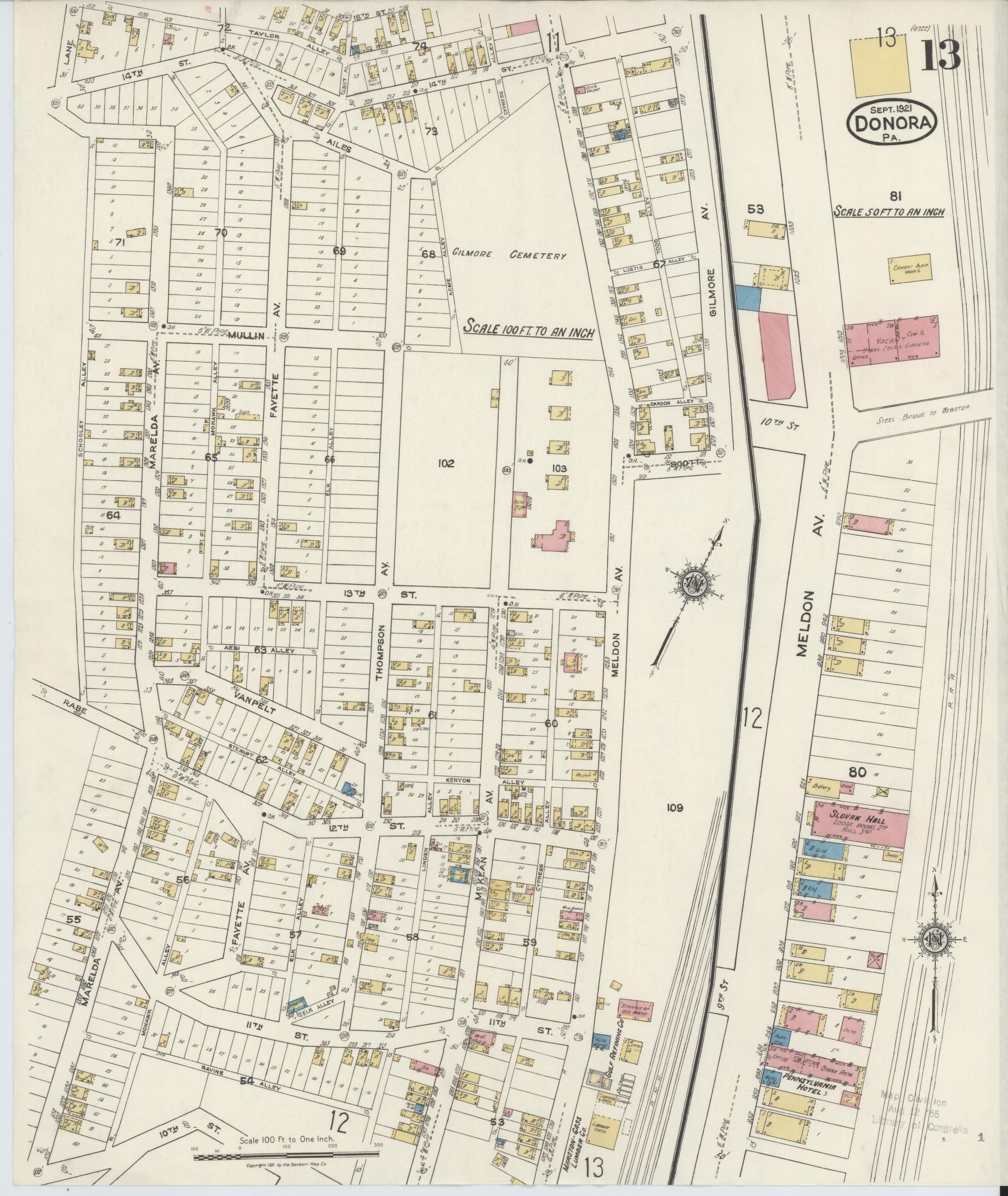 Sanborn Fire Insurance Map from Donora, Washington County, Pennsylvania (1921), Sheet #0013 - Historic Sanborn Fire Insurance Map Print, vintage old map wall art, antique decor, genealogy gift, Pennsylvania Pennsylvania map