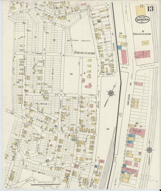 Sanborn Fire Insurance Map from Donora, Washington County, Pennsylvania (1921), Sheet #0013 - Historic Sanborn Fire Insurance Map Print, vintage old map wall art, antique decor, genealogy gift, Pennsylvania Pennsylvania map