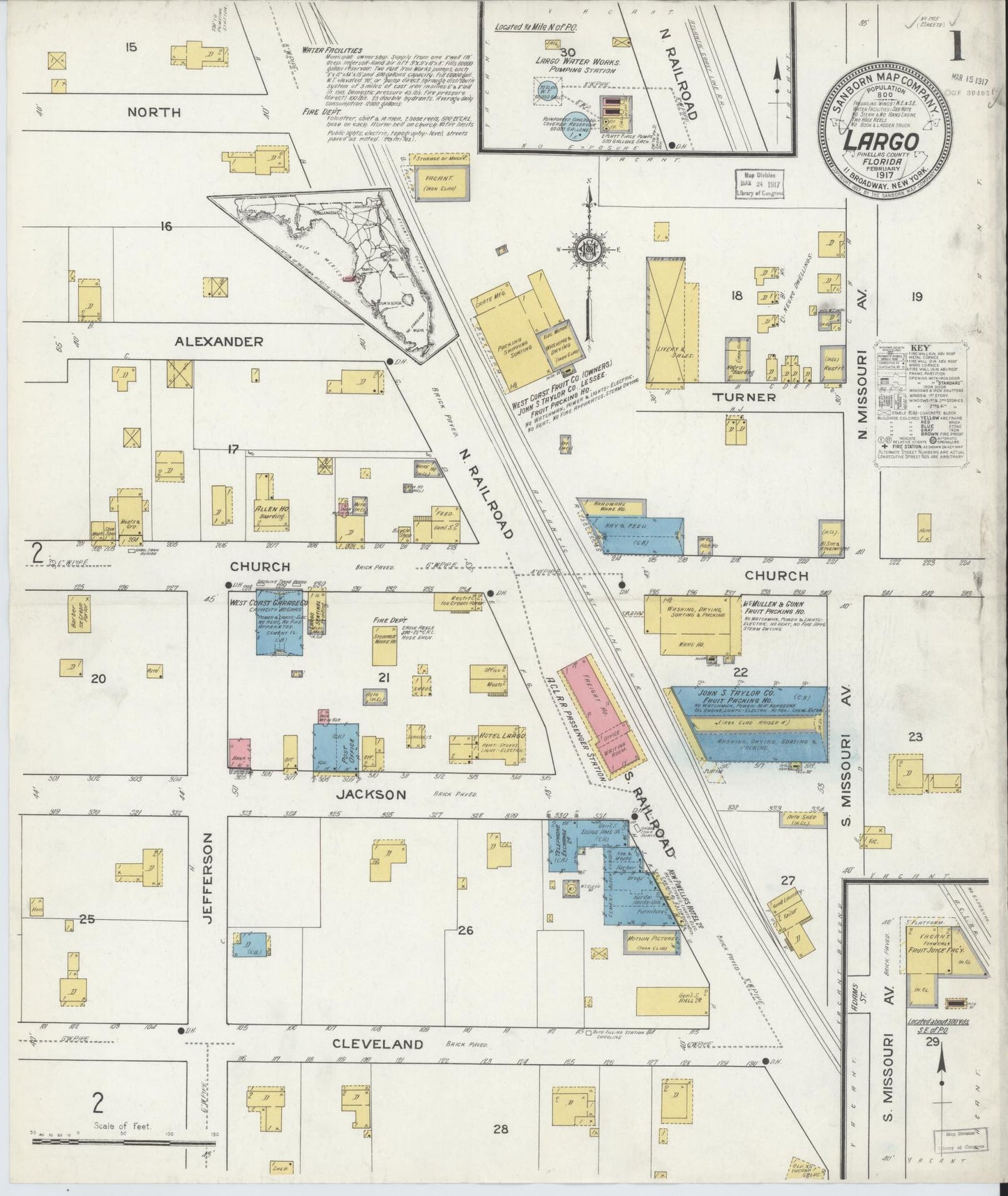 Sanborn Fire Insurance Map from Largo, Pinellas County, Florida (1917), Sheet #0001 - Historic Sanborn Fire Insurance Map Print, vintage old map wall art, antique decor, genealogy gift, Florida Florida map