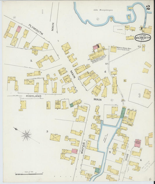 Sanborn Fire Insurance Map from Meredith, Belknap County, New Hampshire (1894), Sheet #0002 - Historic Sanborn Fire Insurance Map Print, vintage old map wall art, antique decor, genealogy gift, New Hampshire New Hampshire map